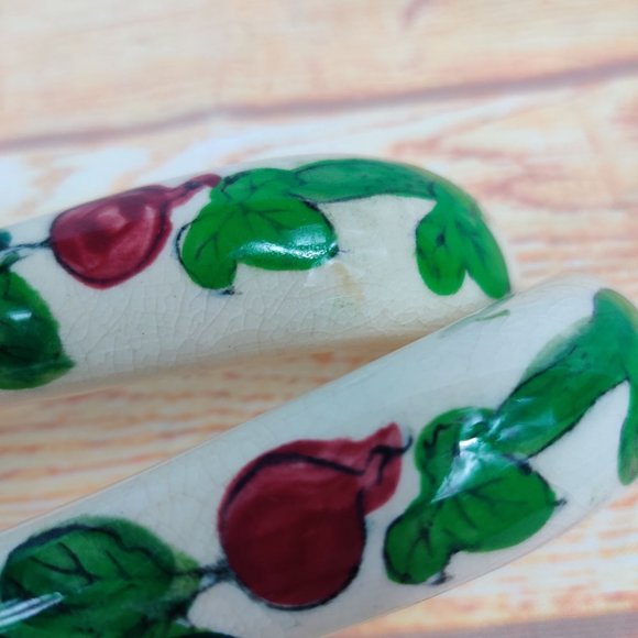 Vintage Salad Serving Set Spoon Fork Wood Ceramic Handle Handpainted Turnip - Picture 3 of 7